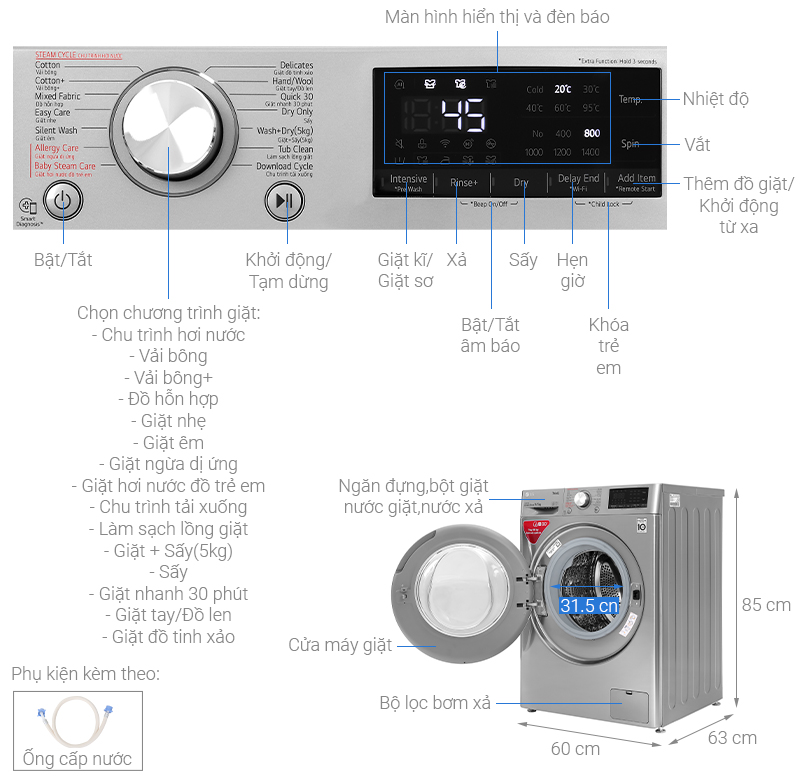 Máy giặt sấy LG Inverter 9 kg (FV1409G4V) chính hãng