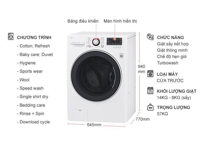Máy giặt LG Inverter 14kg (F2514DTGW) Lồng Ngang