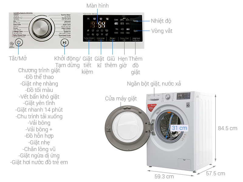 Máy giặt LG Inverter 9kg (FC1409S3W) Lồng Ngang
