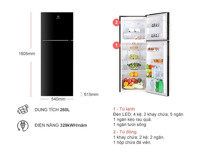 Tủ lạnh Electrolux Inverter 255 lít (ETB2802H-H)